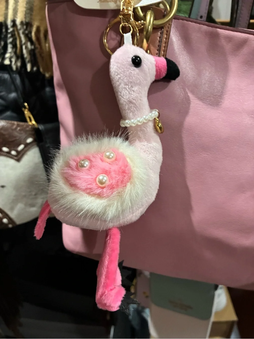 Natasha Pink Plush Flamingo Keychain with Pearl Necklace and Gold Heart